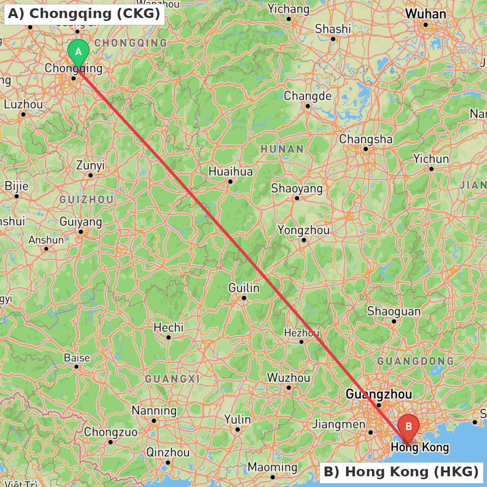 Flight route map from Chongqing to Hong Kong