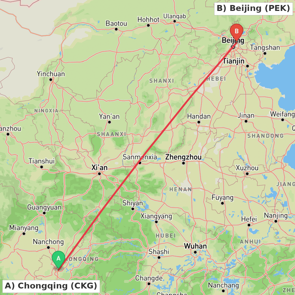 Flight route map from Chongqing to Beijing