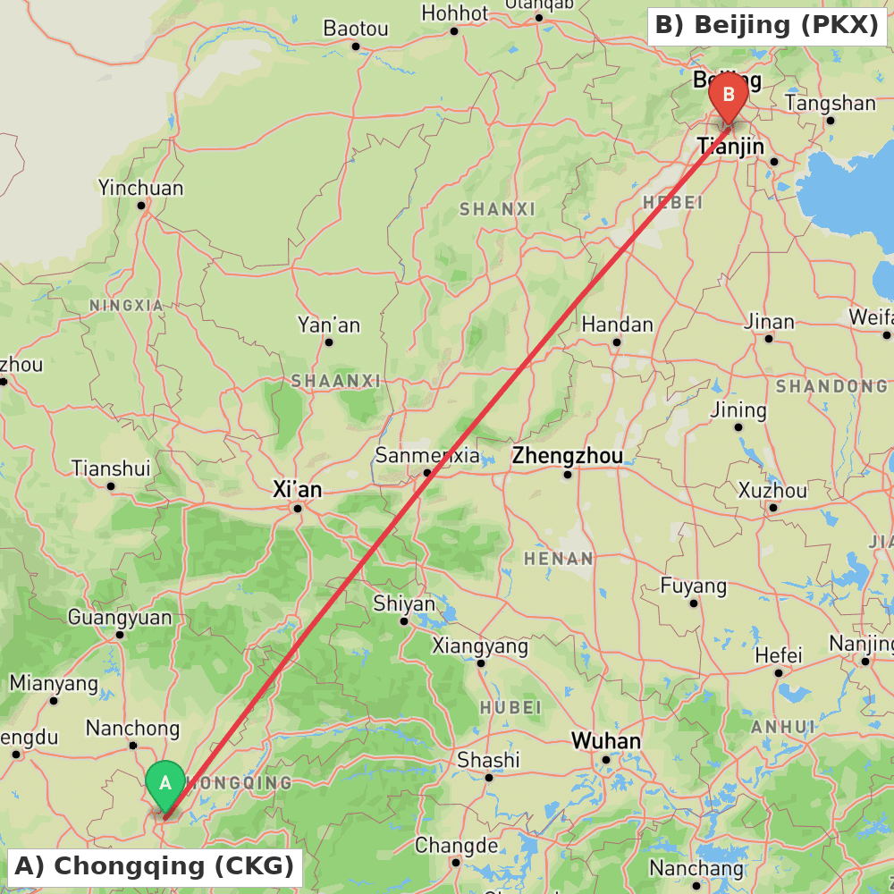 Flight route map from Chongqing to Beijing