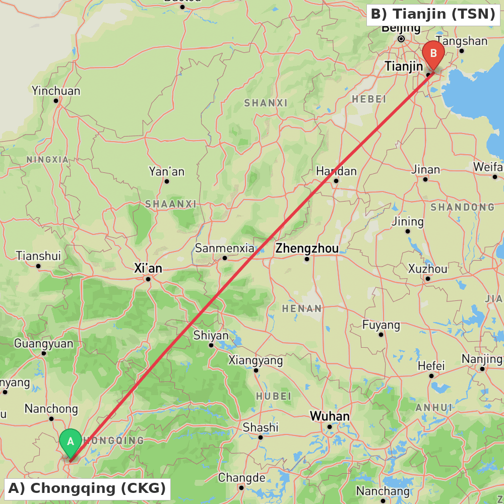 Flight route map from Chongqing to Tianjin