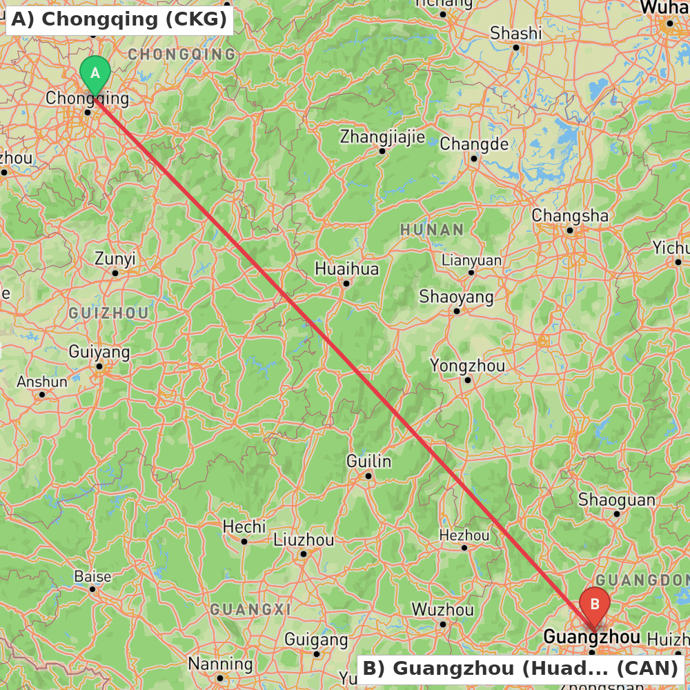 Flight route map from Chongqing to Guangzhou (Huadu)