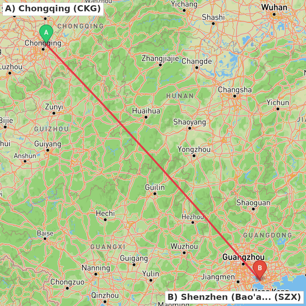 Flight route map from Chongqing to Shenzhen (Bao'an)