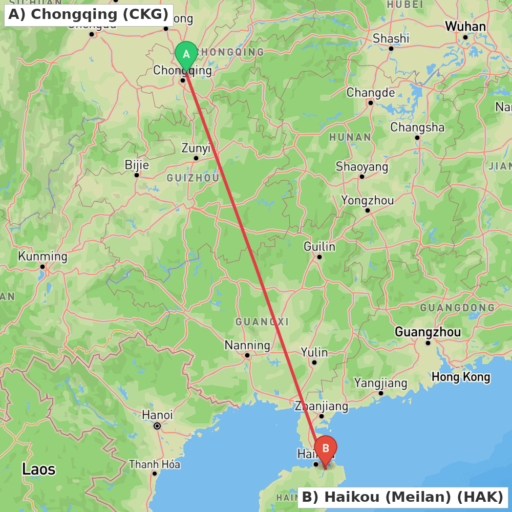 Flight route map from Chongqing to Haikou (Meilan)