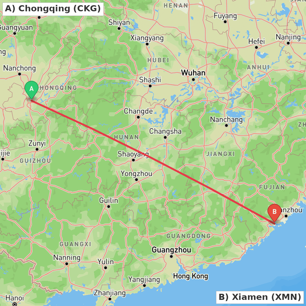 Flight route map from Chongqing to Xiamen