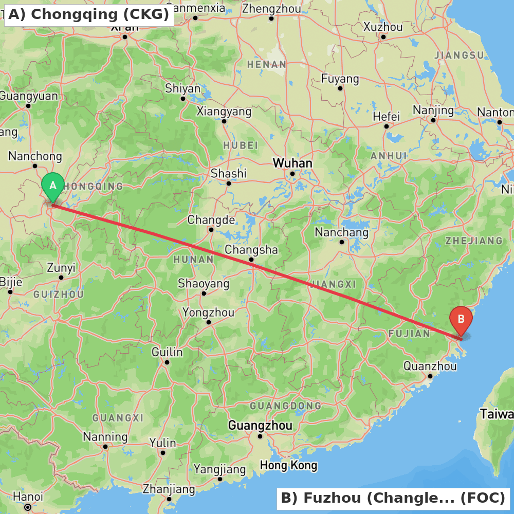 Flight route map from Chongqing to Fuzhou (Changle)