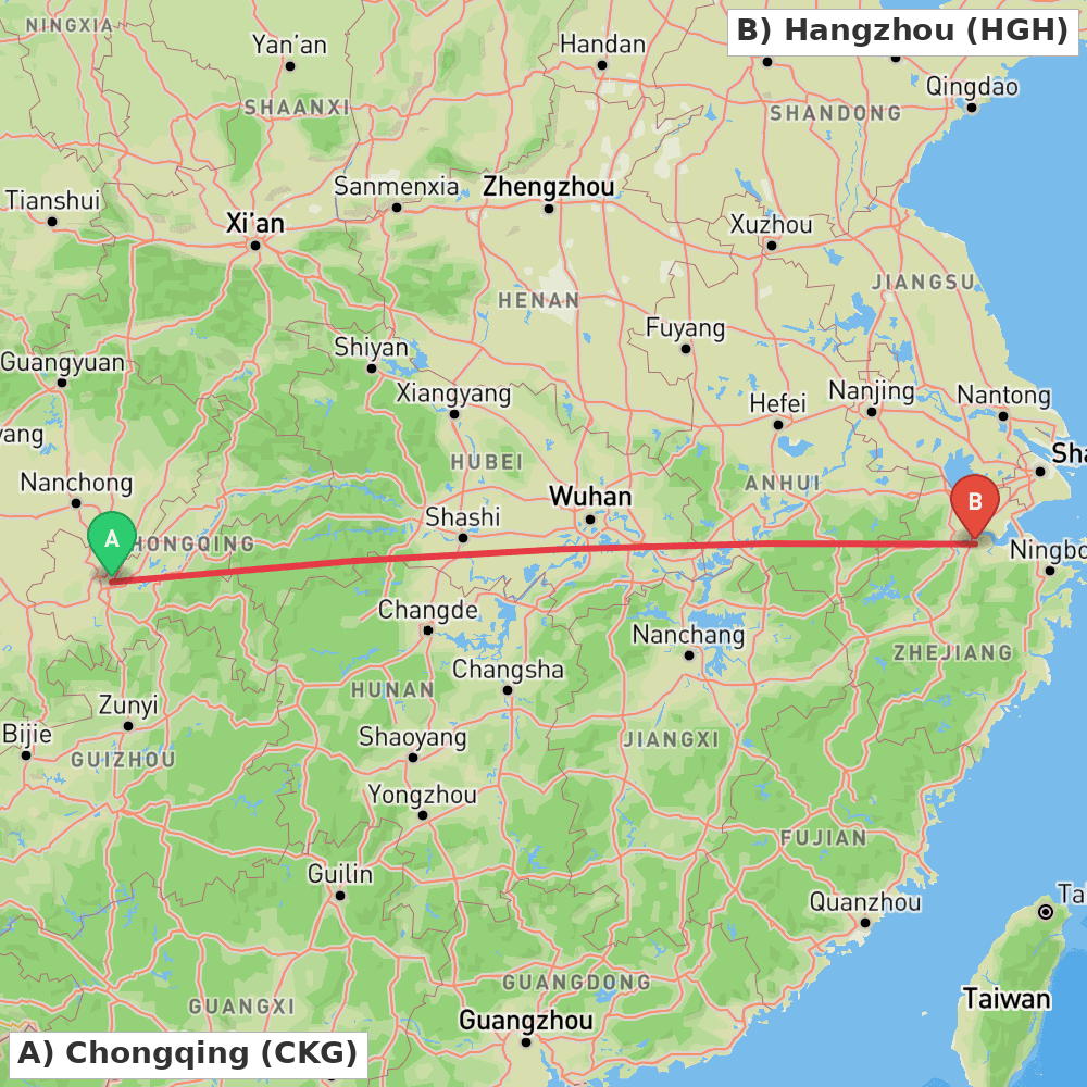 Flight route map from Chongqing to Hangzhou
