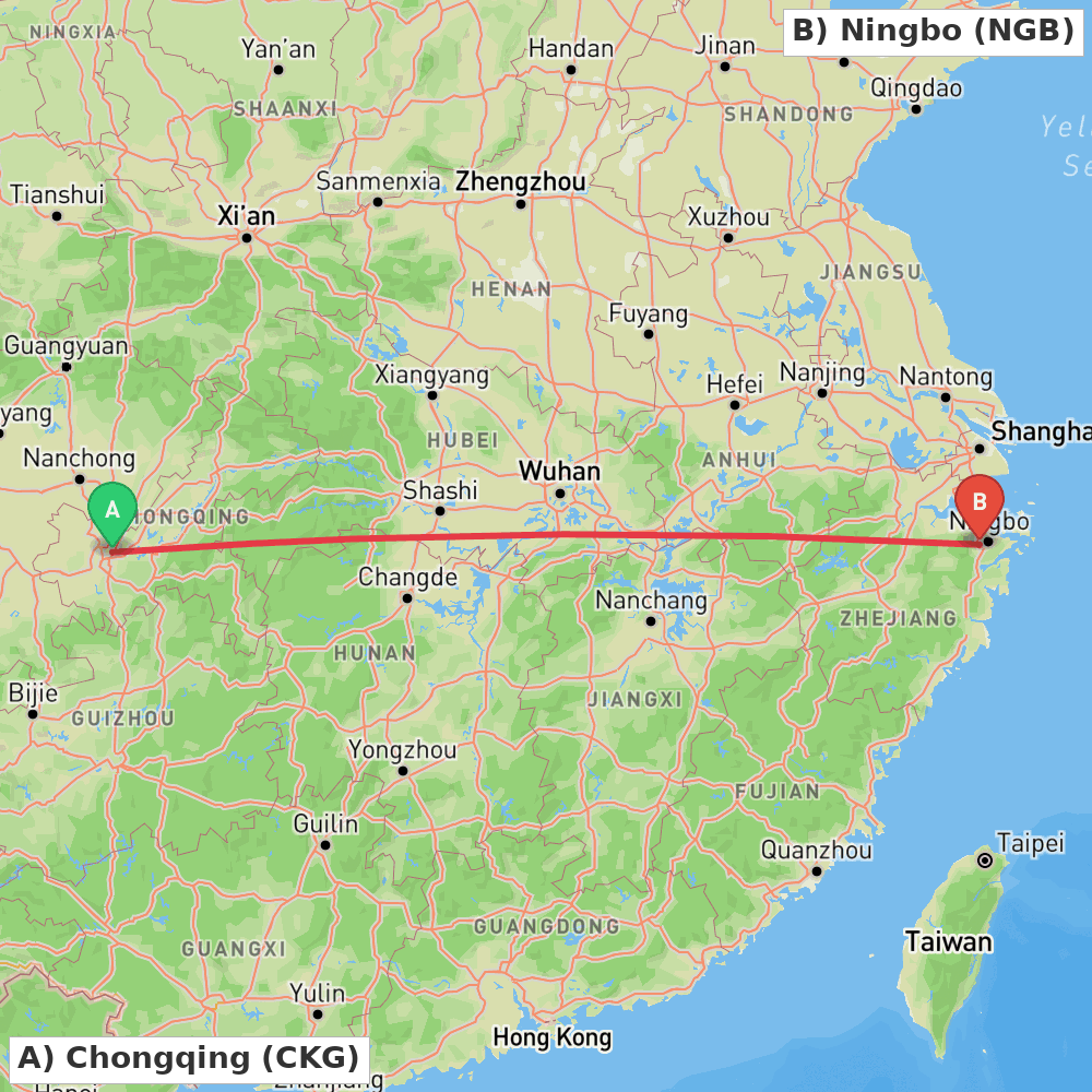 Flight route map from Chongqing to Ningbo