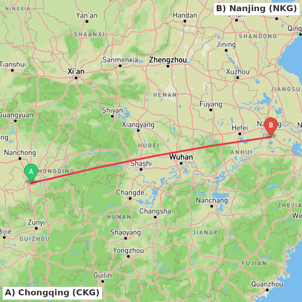 Flight route map from Chongqing to Nanjing