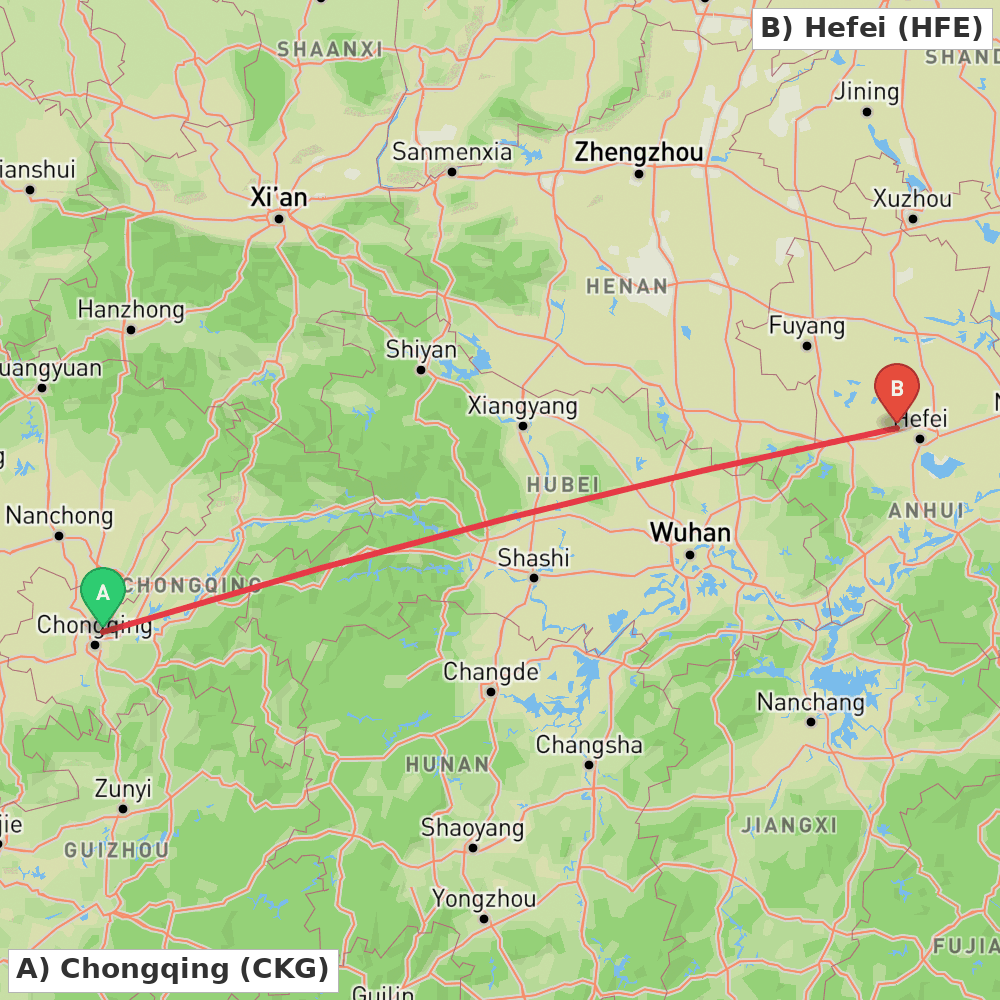 Flight route map from Chongqing to Hefei