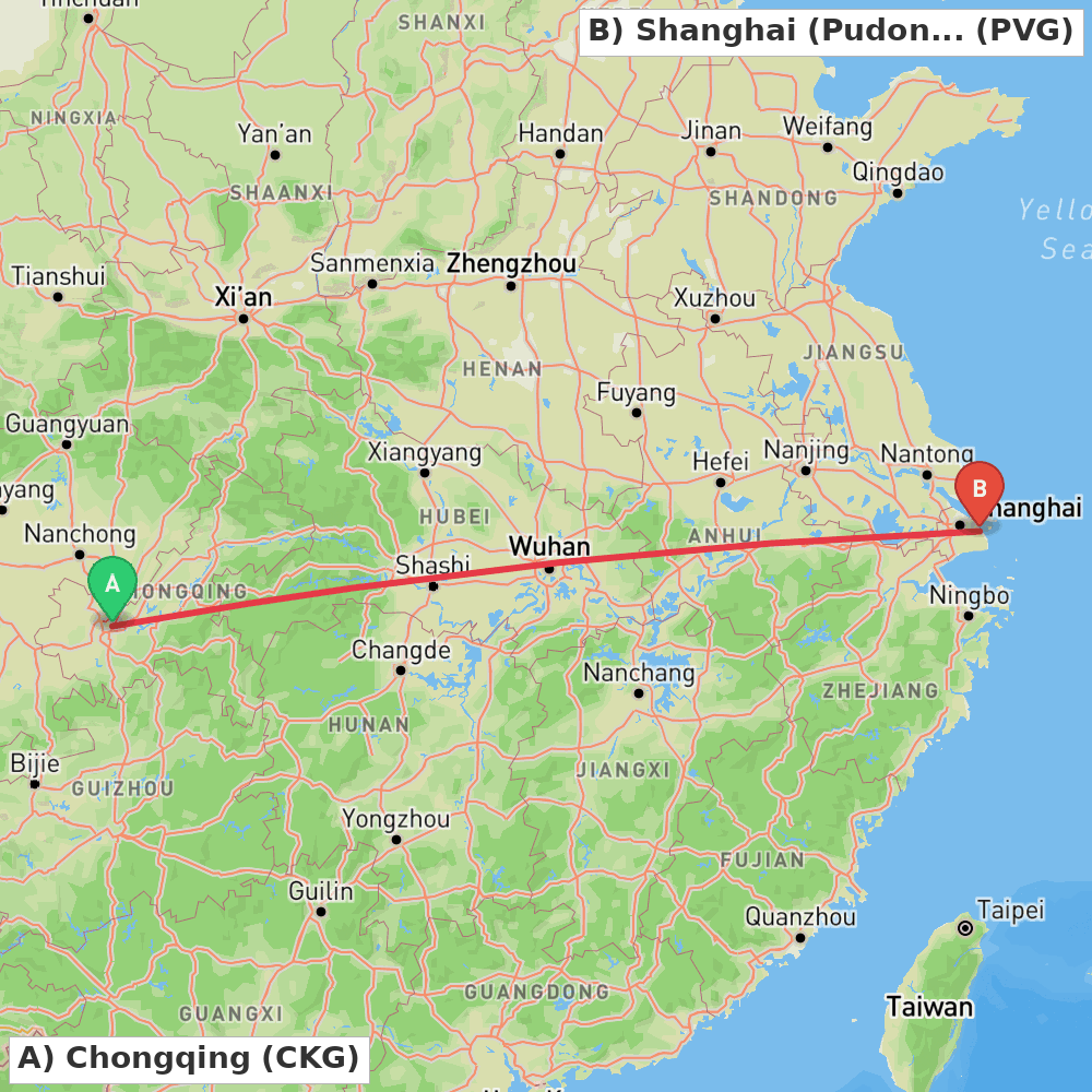 Flight route map from Chongqing to Shanghai (Pudong)