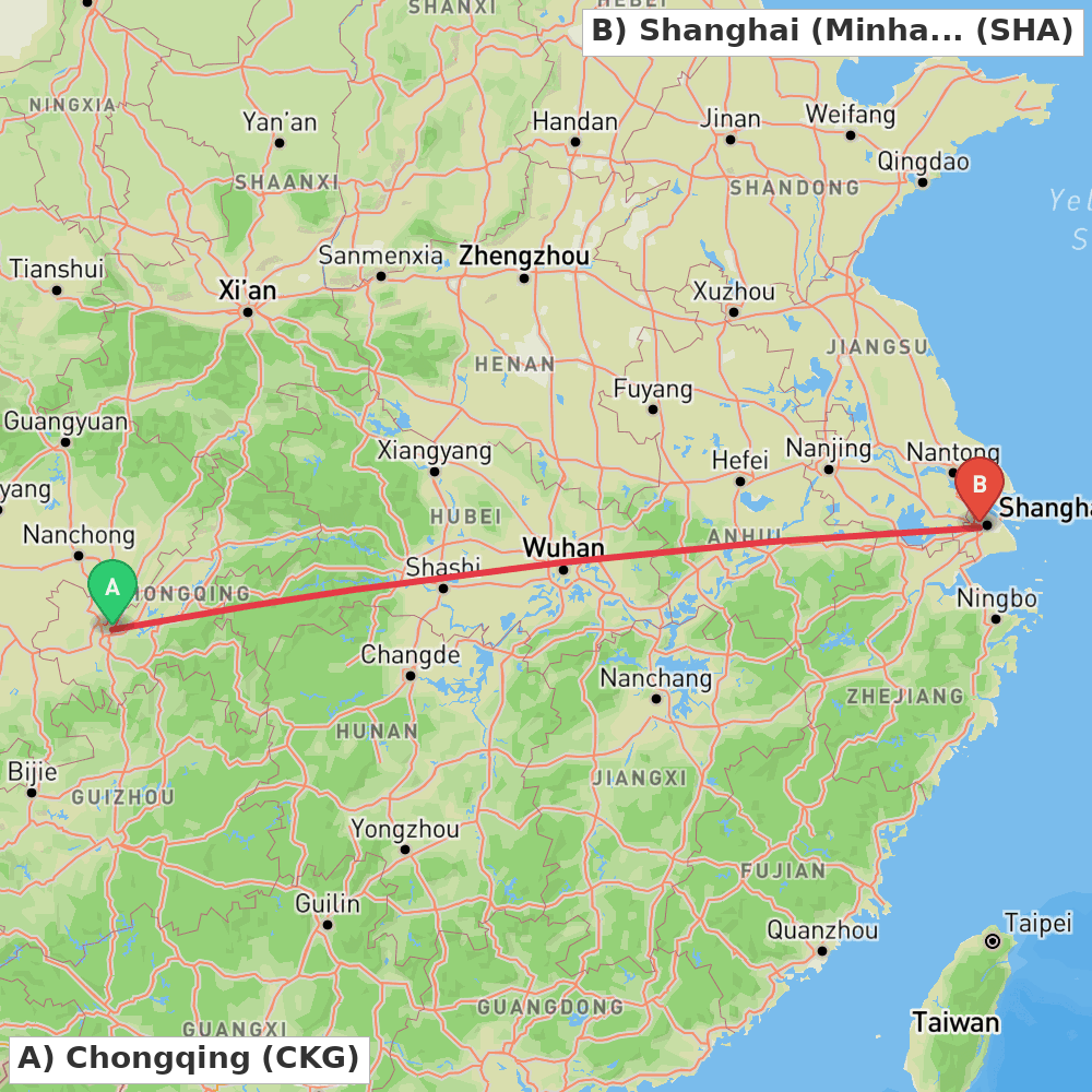 Flight route map from Chongqing to Shanghai (Minhang)