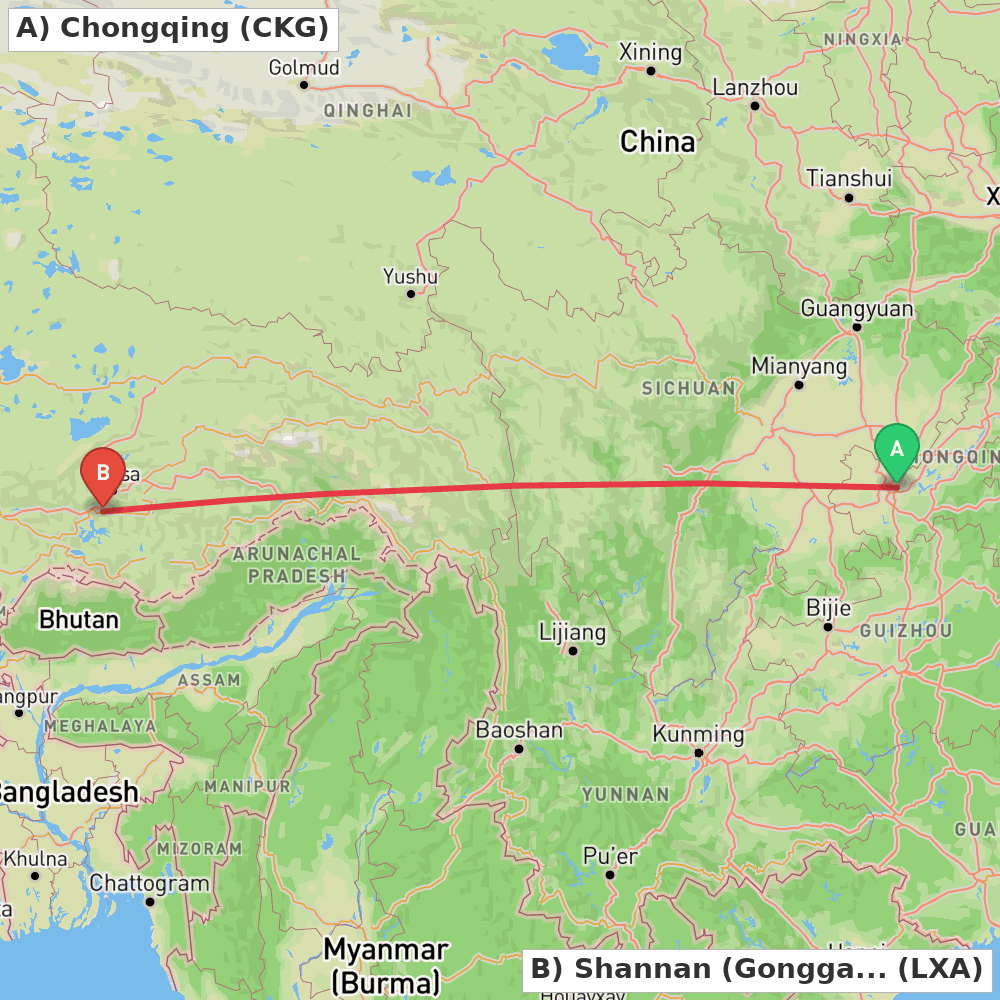 Flight route map from Chongqing to Shannan (Gonggar)