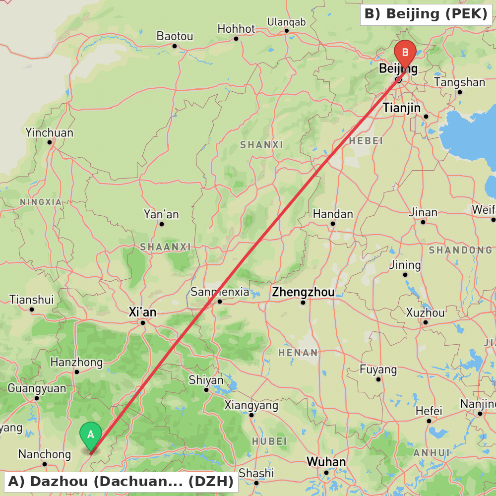 Flight route map from Dazhou (Dachuan) to Beijing