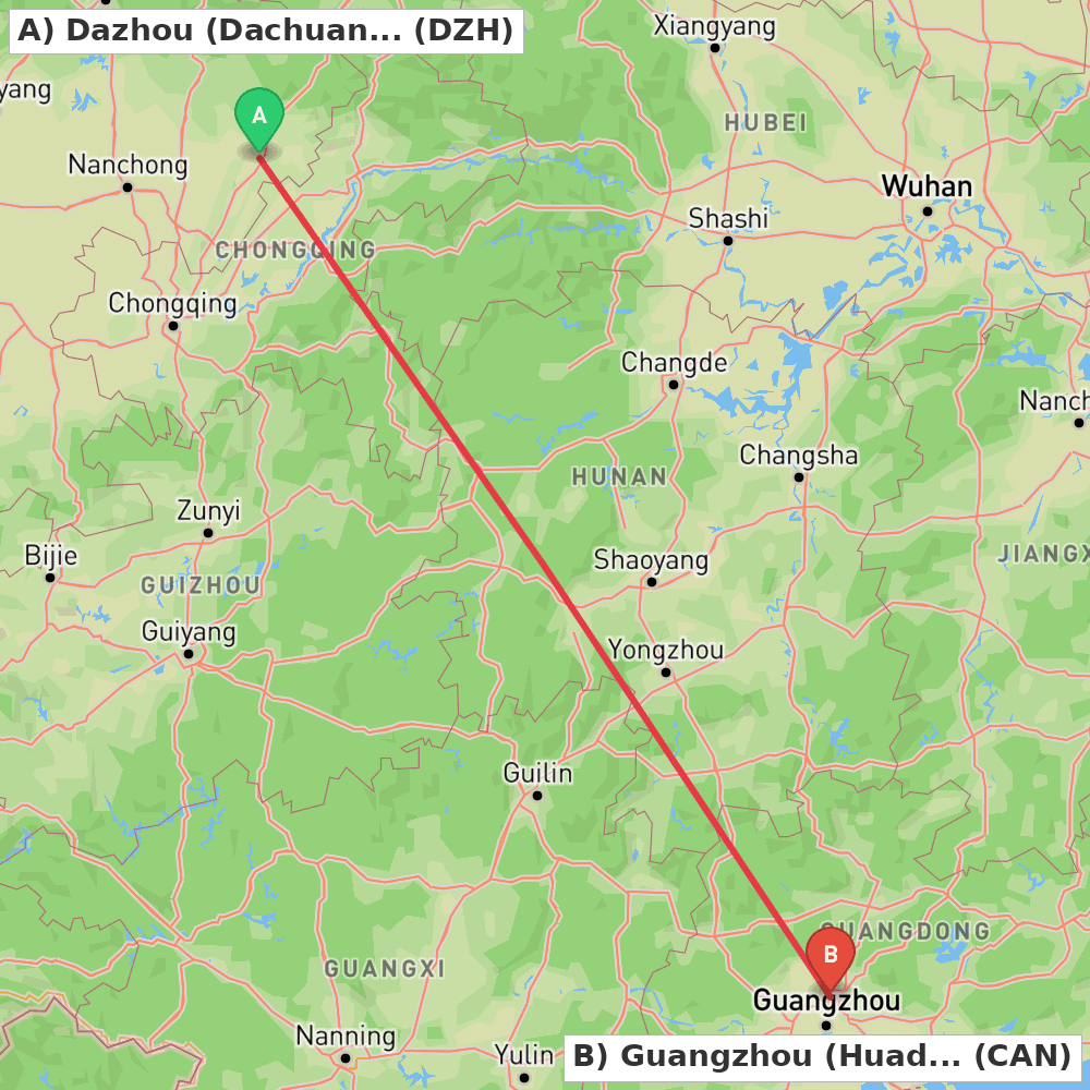 Flight route map from Dazhou (Dachuan) to Guangzhou (Huadu)