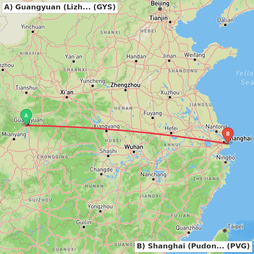 Flight route map from Guangyuan (Lizhou) to Shanghai (Pudong)