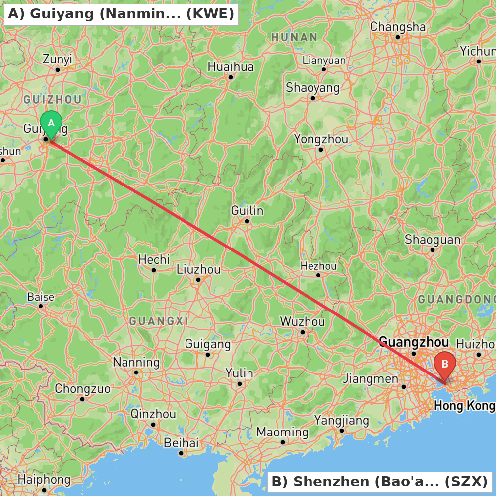 Flight route map from Guiyang (Nanming) to Shenzhen (Bao'an)