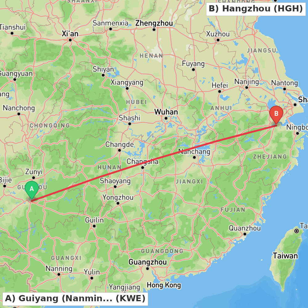 Flight route map from Guiyang (Nanming) to Hangzhou