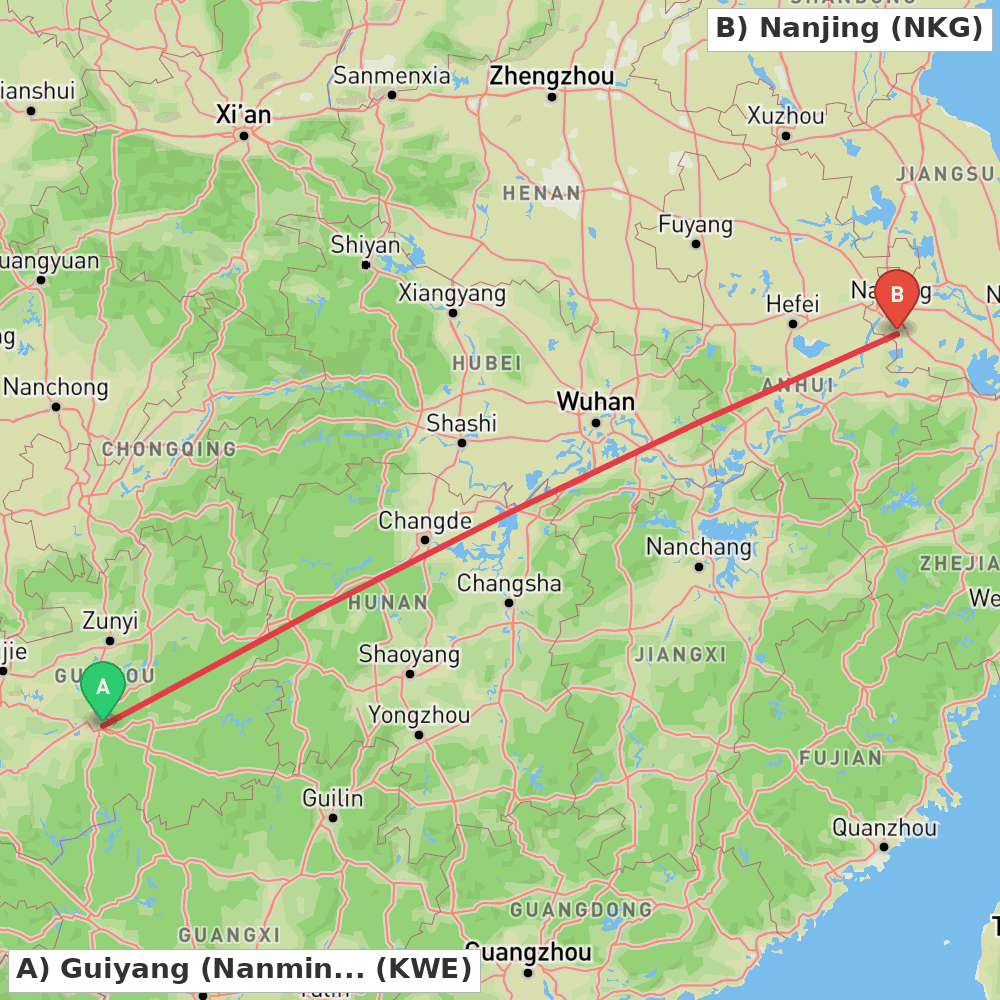 Flight route map from Guiyang (Nanming) to Nanjing
