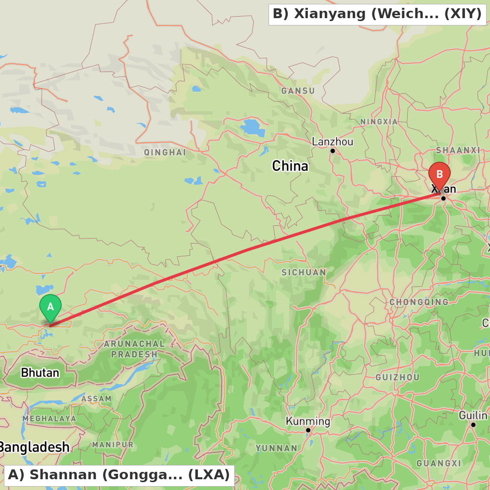 Flight route map from Shannan (Gonggar) to Xianyang (Weicheng)