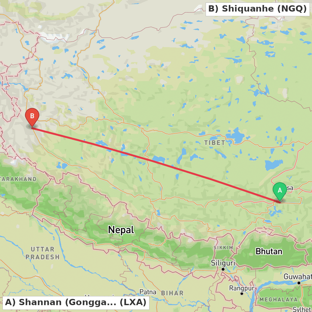 Flight route map from Shannan (Gonggar) to Shiquanhe