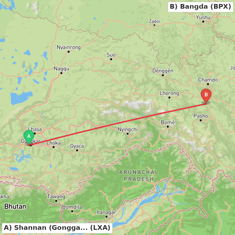Flight route map from Shannan (Gonggar) to Bangda
