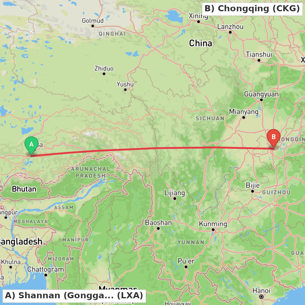 Flight route map from Shannan (Gonggar) to Chongqing