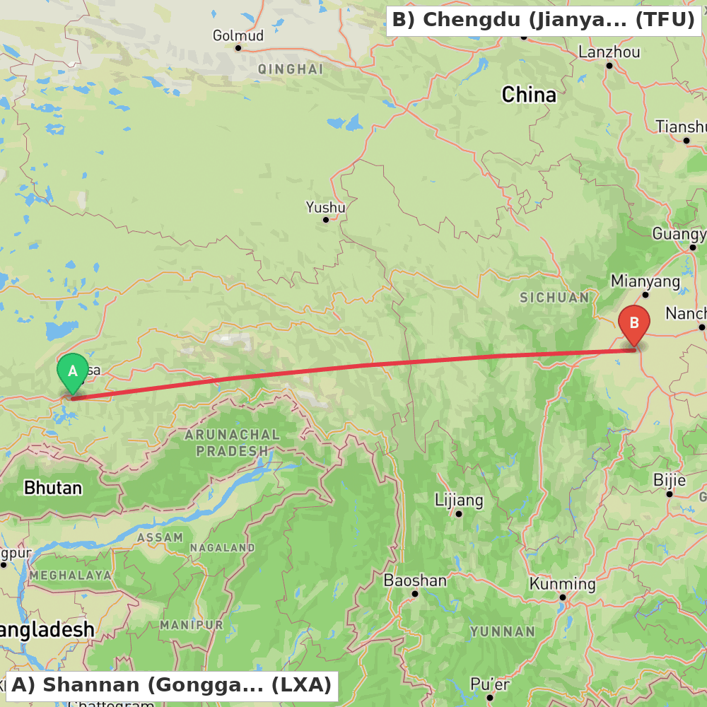 Flight route map from Shannan (Gonggar) to Chengdu (Jianyang)