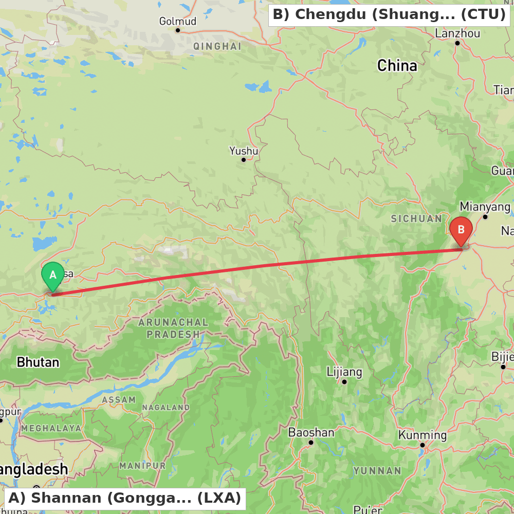 Flight route map from Shannan (Gonggar) to Chengdu (Shuangliu)