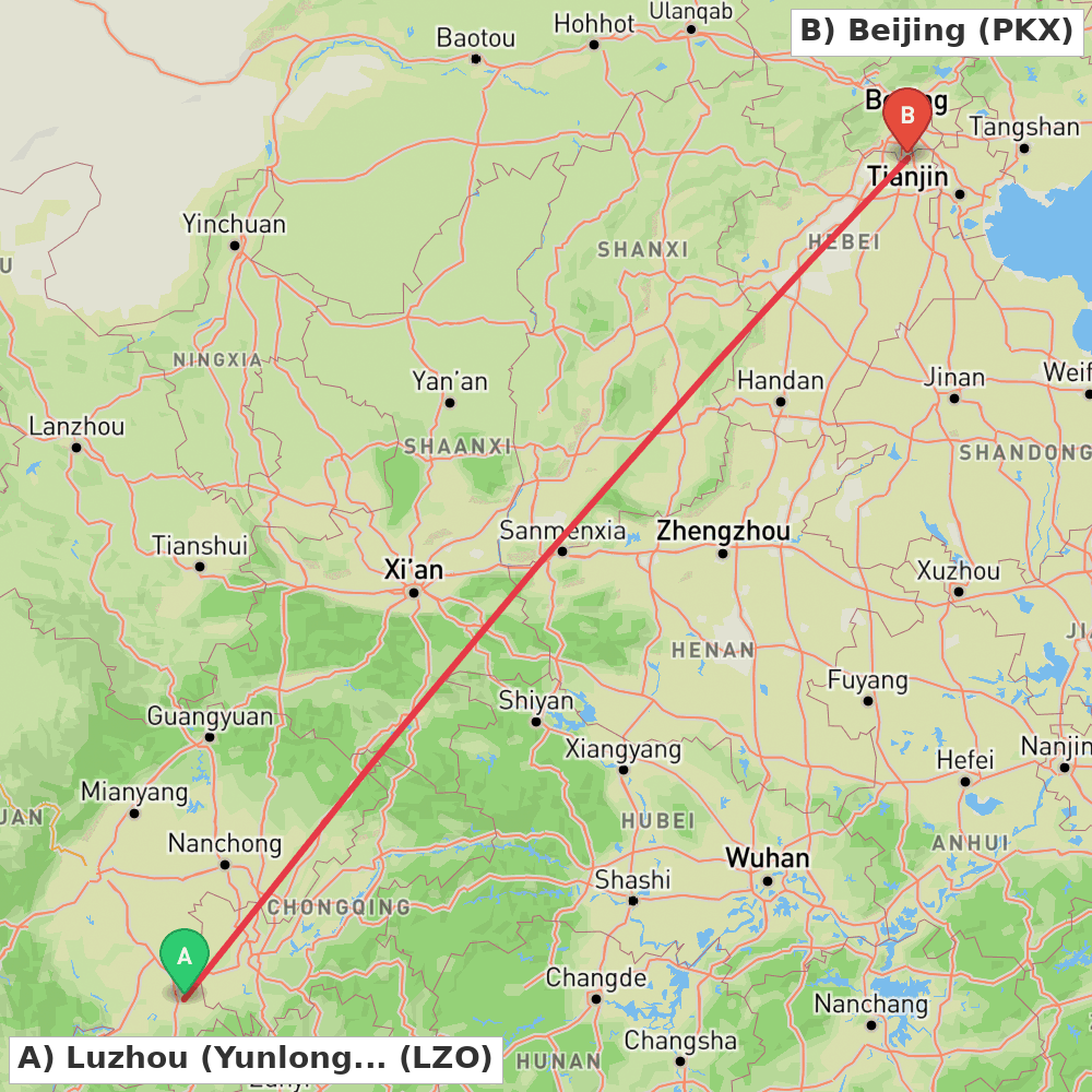 Flight route map from Luzhou (Yunlong) to Beijing