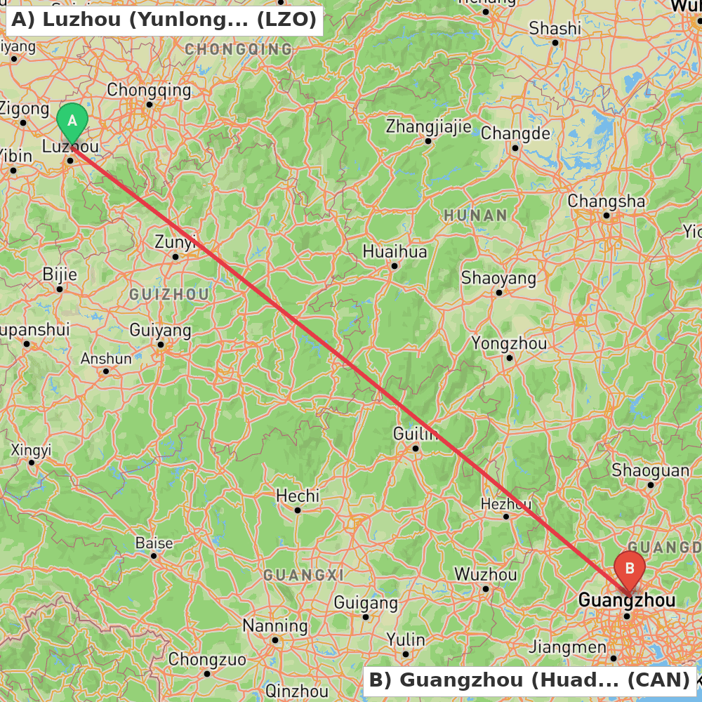 Flight route map from Luzhou (Yunlong) to Guangzhou (Huadu)