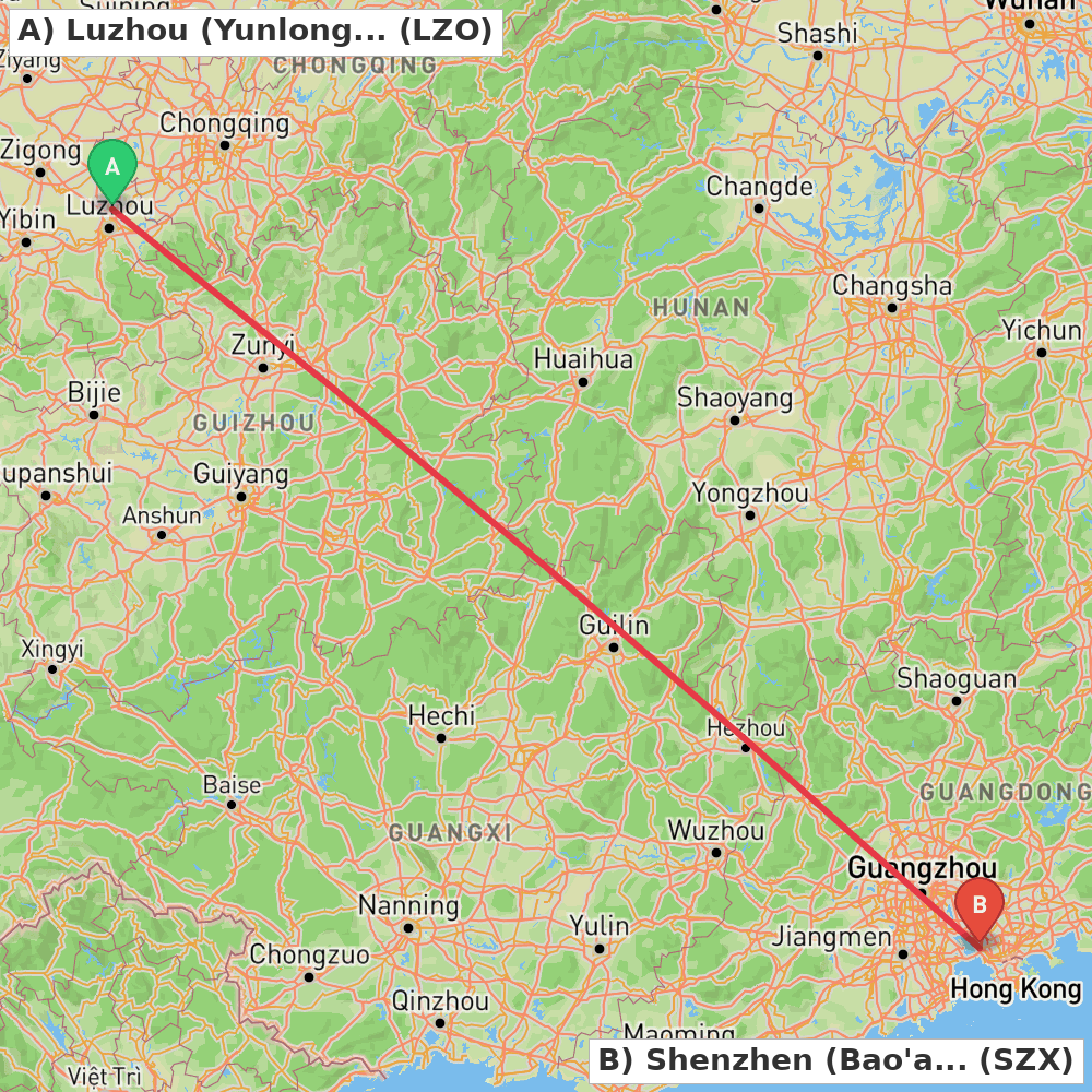 Flight route map from Luzhou (Yunlong) to Shenzhen (Bao'an)