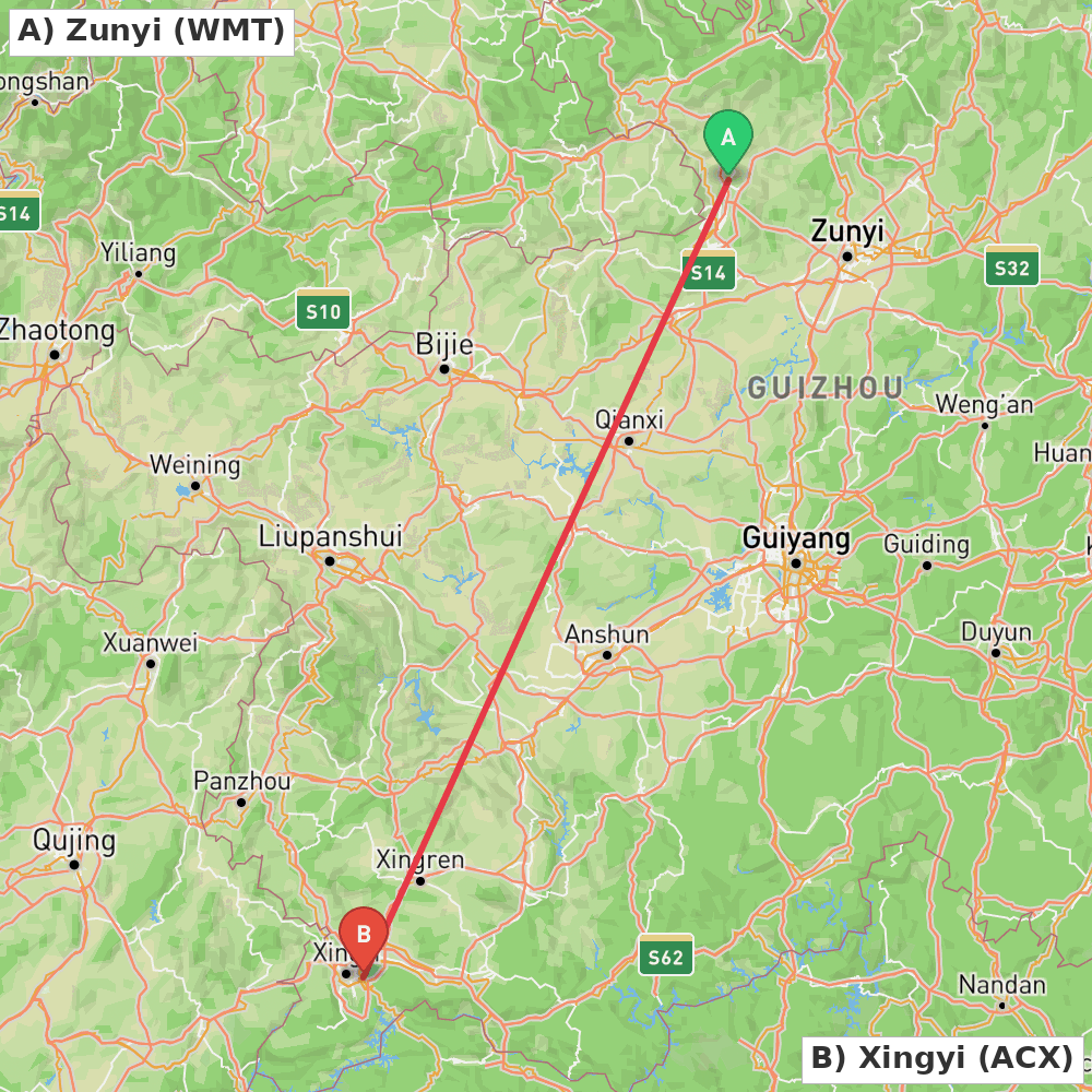 Flight route map from Zunyi to Xingyi