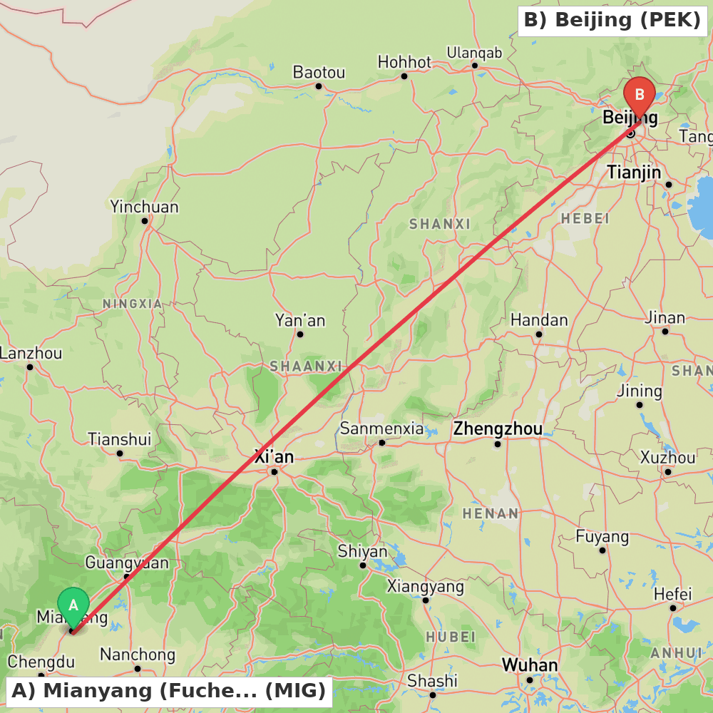 Flight route map from Mianyang (Fucheng) to Beijing