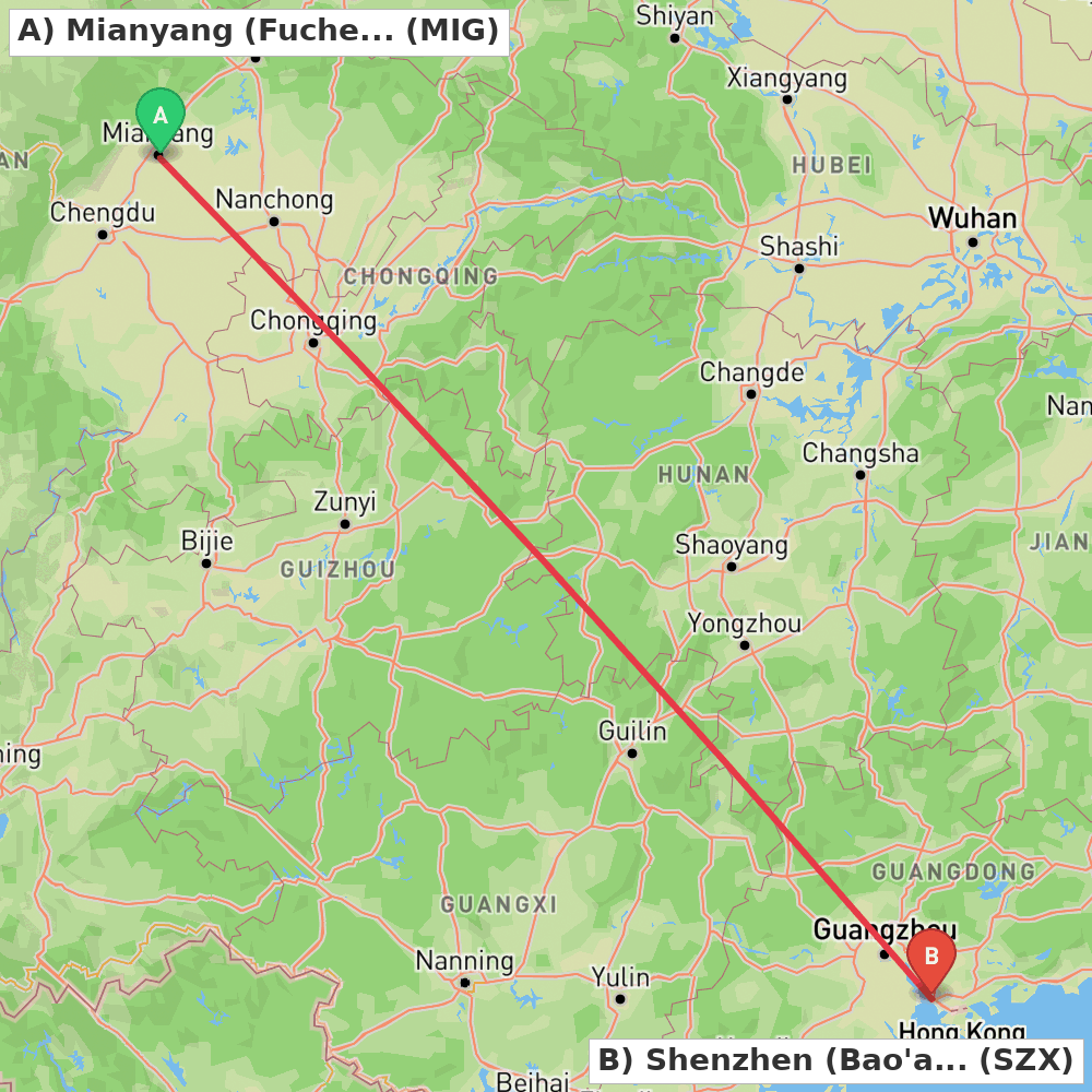 Flight route map from Mianyang (Fucheng) to Shenzhen (Bao'an)