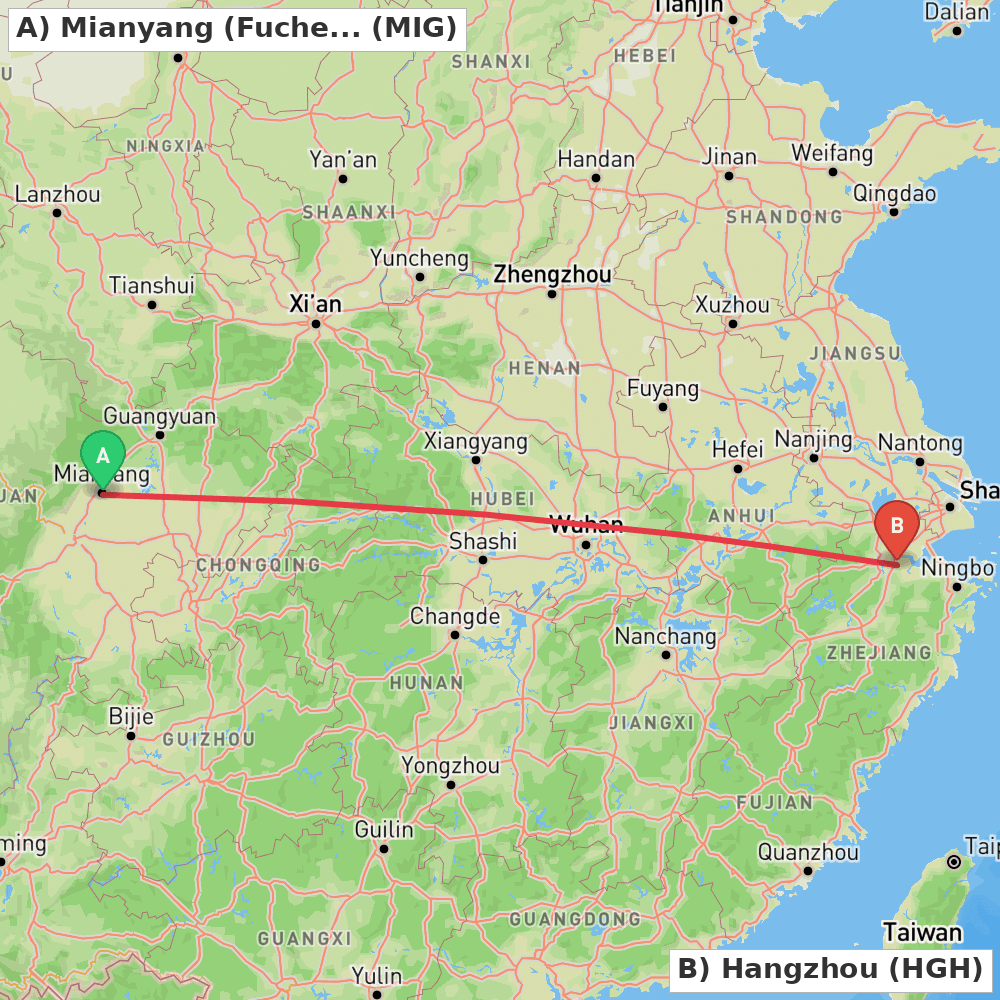 Flight route map from Mianyang (Fucheng) to Hangzhou