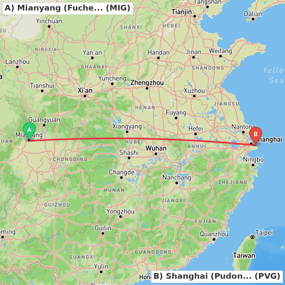 Flight route map from Mianyang (Fucheng) to Shanghai (Pudong)