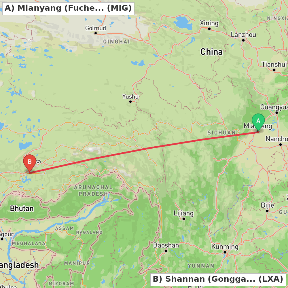 Flight route map from Mianyang (Fucheng) to Shannan (Gonggar)