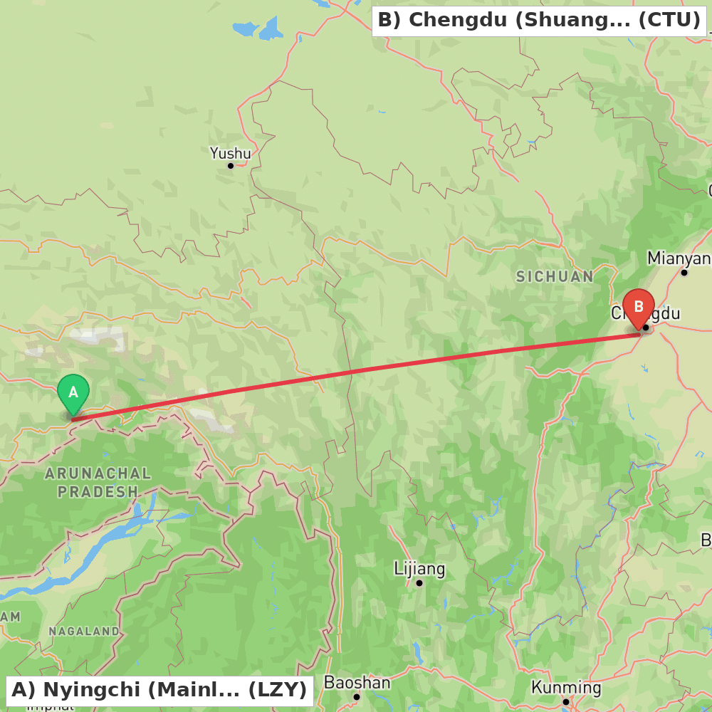 Flight route map from Nyingchi (Mainling) to Chengdu (Shuangliu)