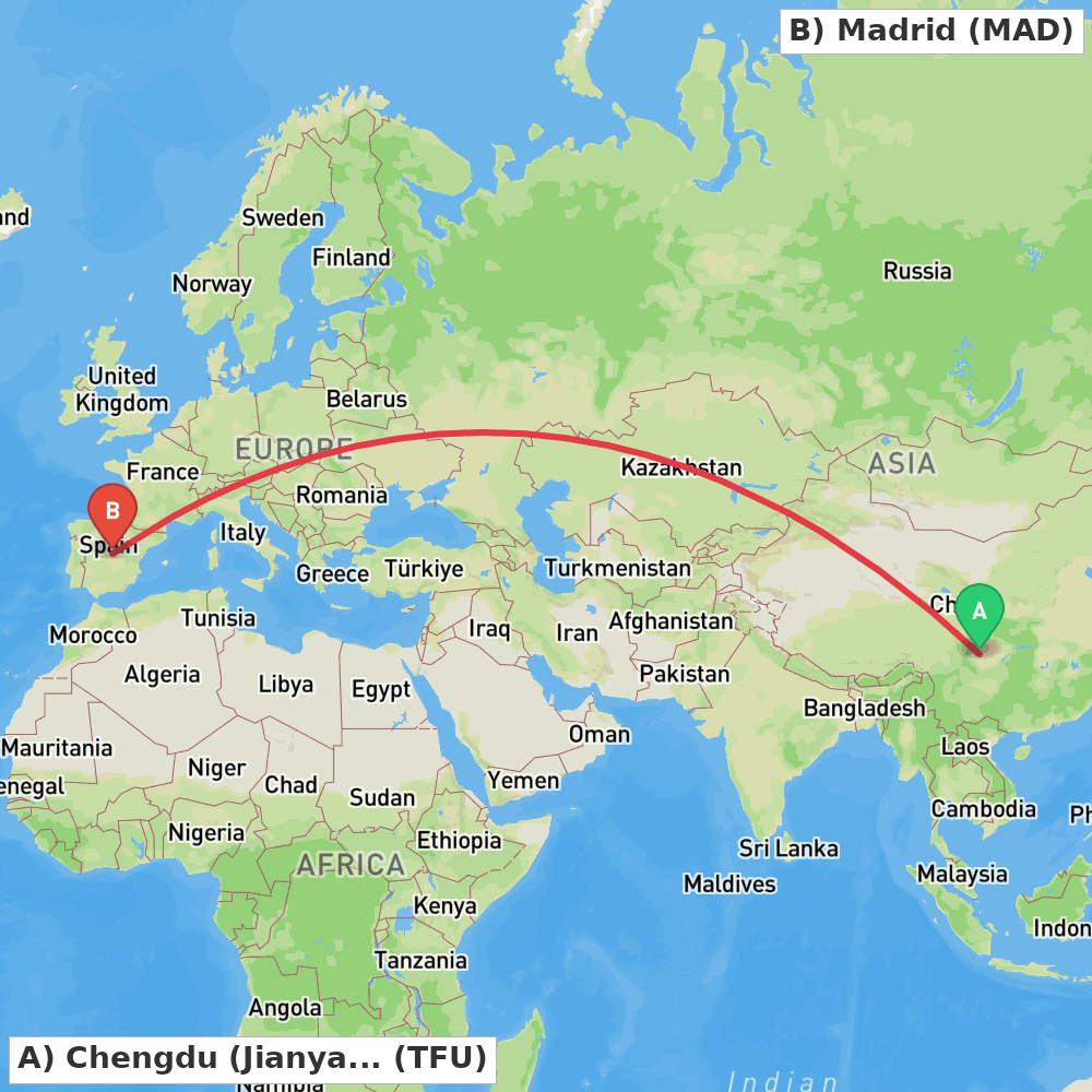 Flight route map from Chengdu (Jianyang) to Madrid