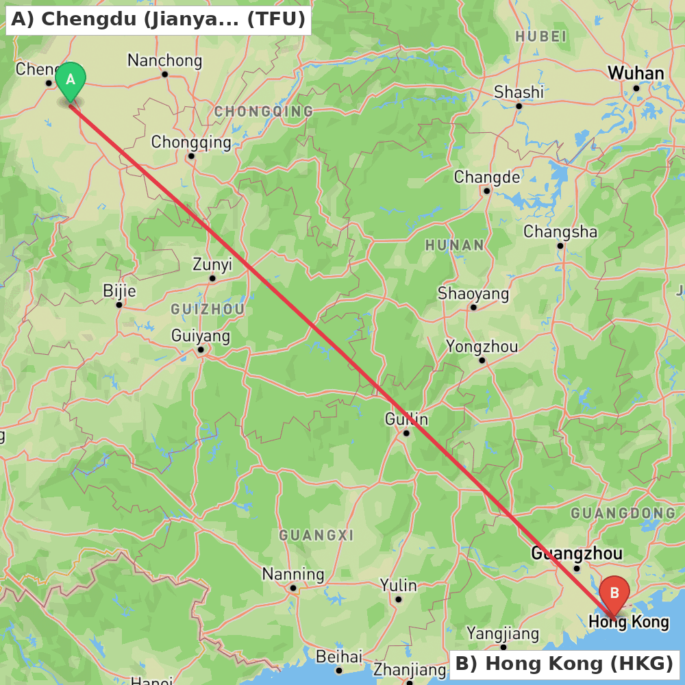 Flight route map from Chengdu (Jianyang) to Hong Kong