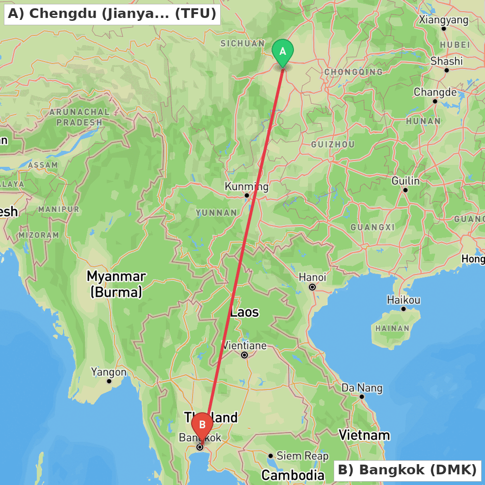 Flight route map from Chengdu (Jianyang) to Bangkok