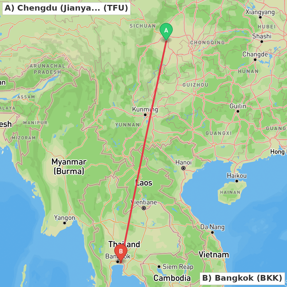 Flight route map from Chengdu (Jianyang) to Bangkok
