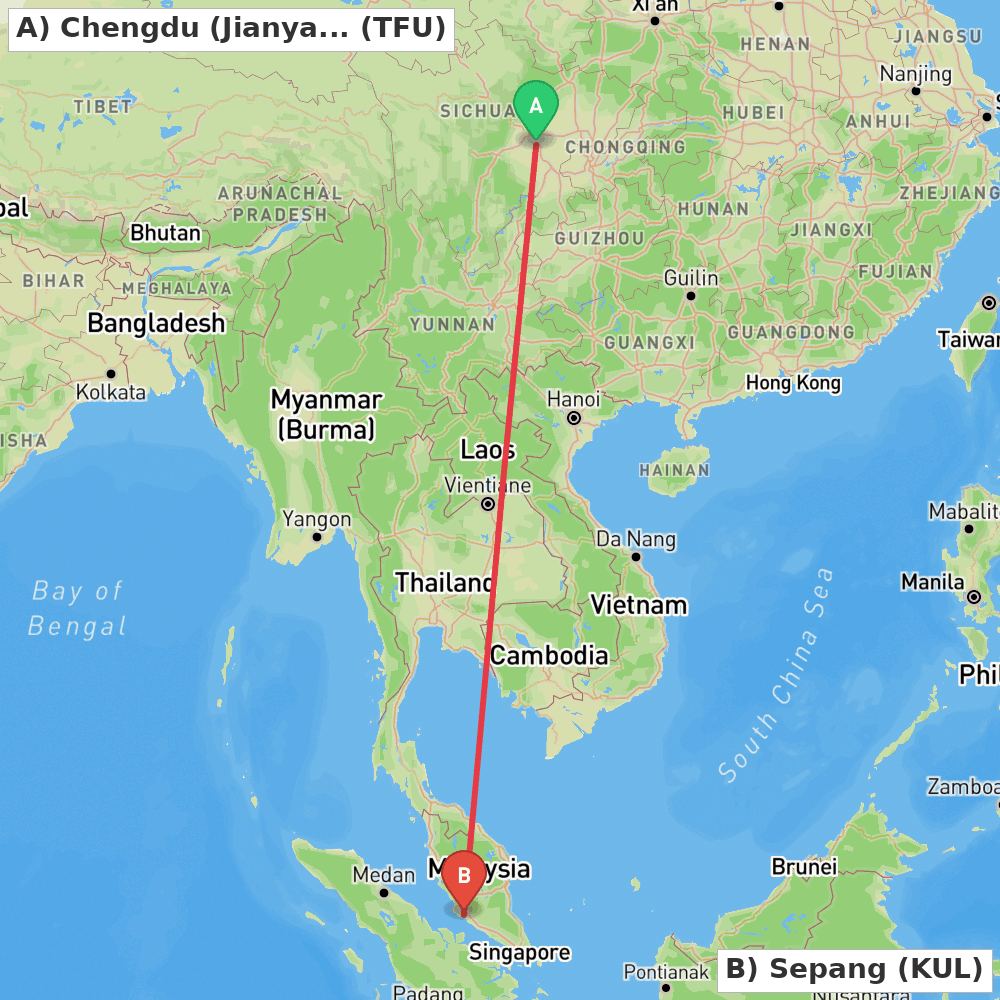 Flight route map from Chengdu (Jianyang) to Sepang