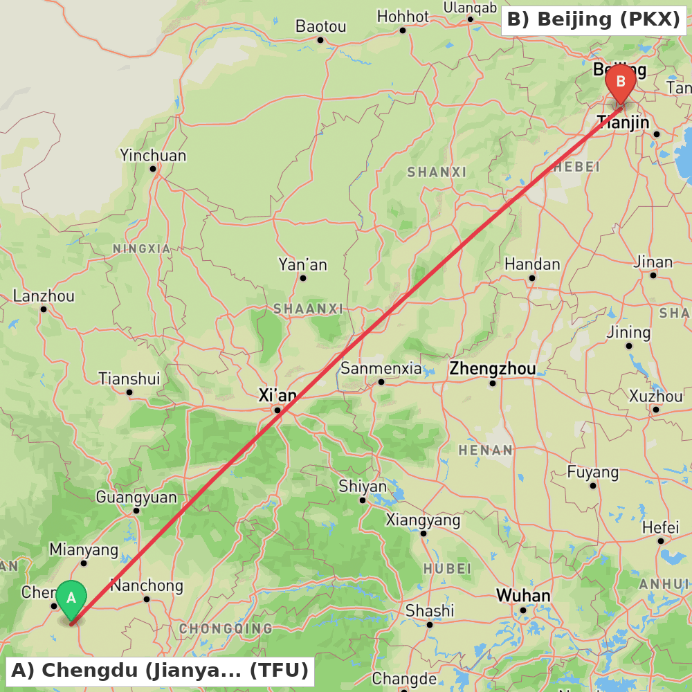 Flight route map from Chengdu (Jianyang) to Beijing
