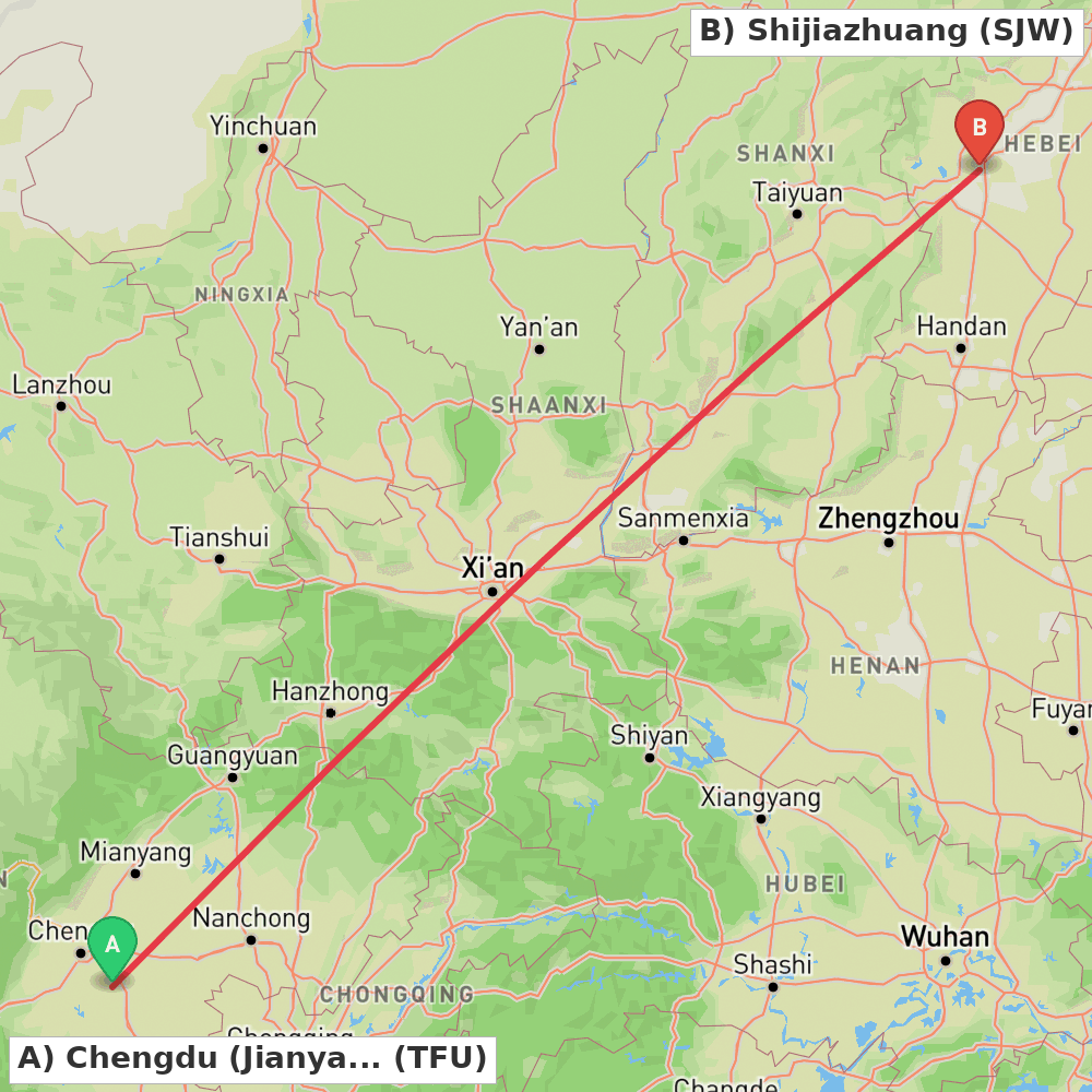 Flight route map from Chengdu (Jianyang) to Shijiazhuang