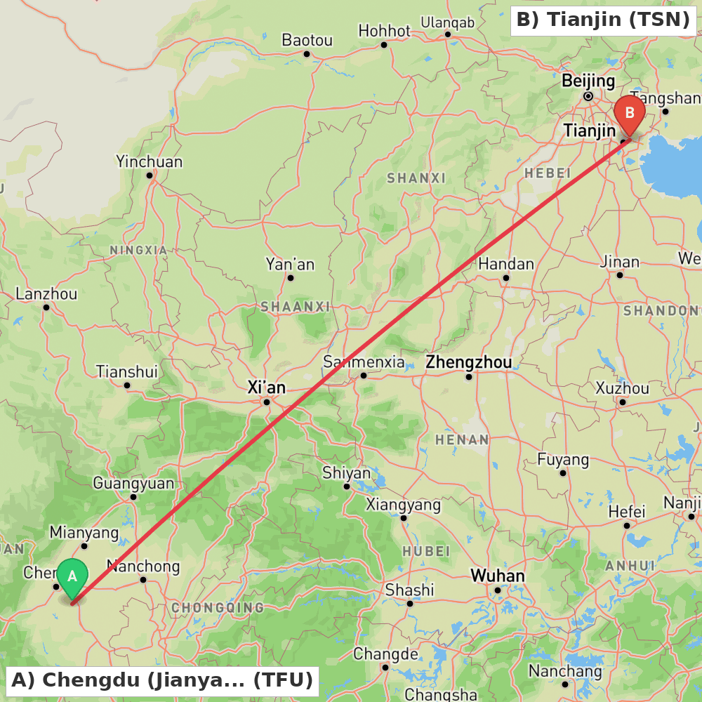 Flight route map from Chengdu (Jianyang) to Tianjin