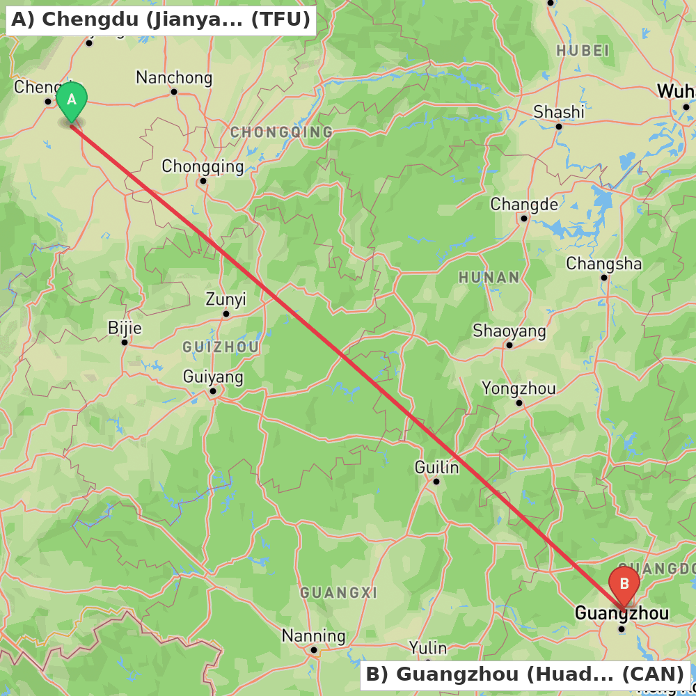 Flight route map from Chengdu (Jianyang) to Guangzhou (Huadu)