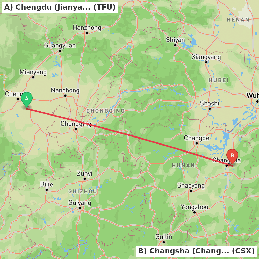 Flight route map from Chengdu (Jianyang) to Changsha (Changsha)