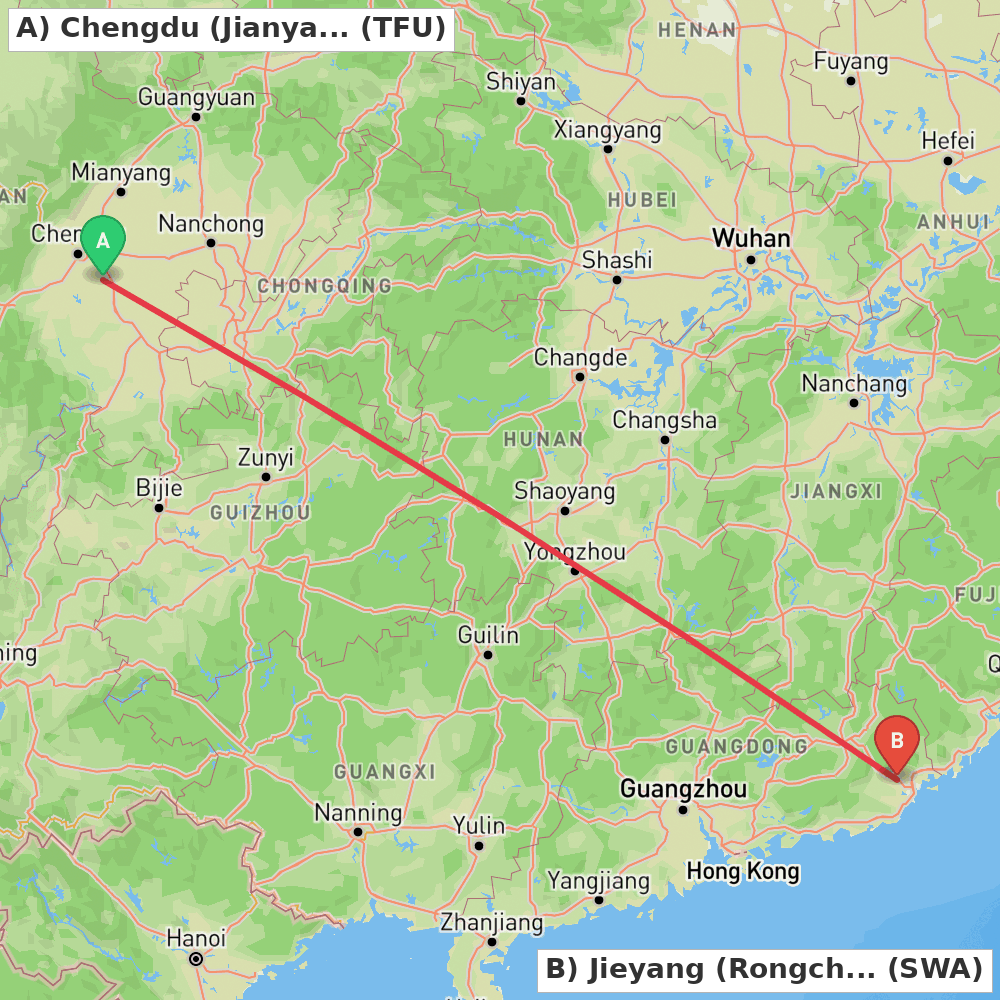 Flight route map from Chengdu (Jianyang) to Jieyang (Rongcheng)