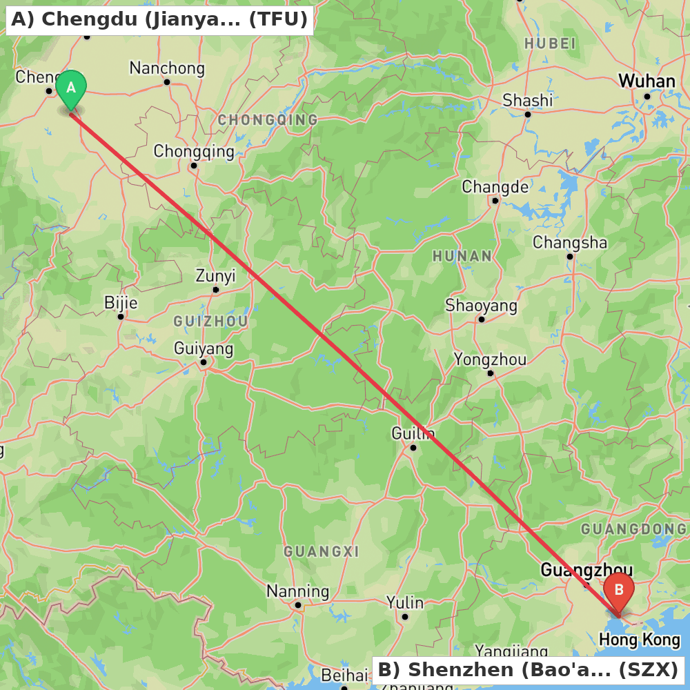 Flight route map from Chengdu (Jianyang) to Shenzhen (Bao'an)